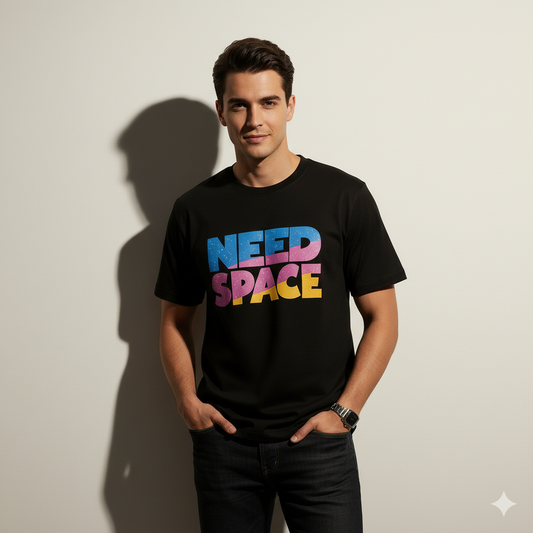 Man wearing a black t-shirt with 'NEED SPACE' in colorful letters against a plain background