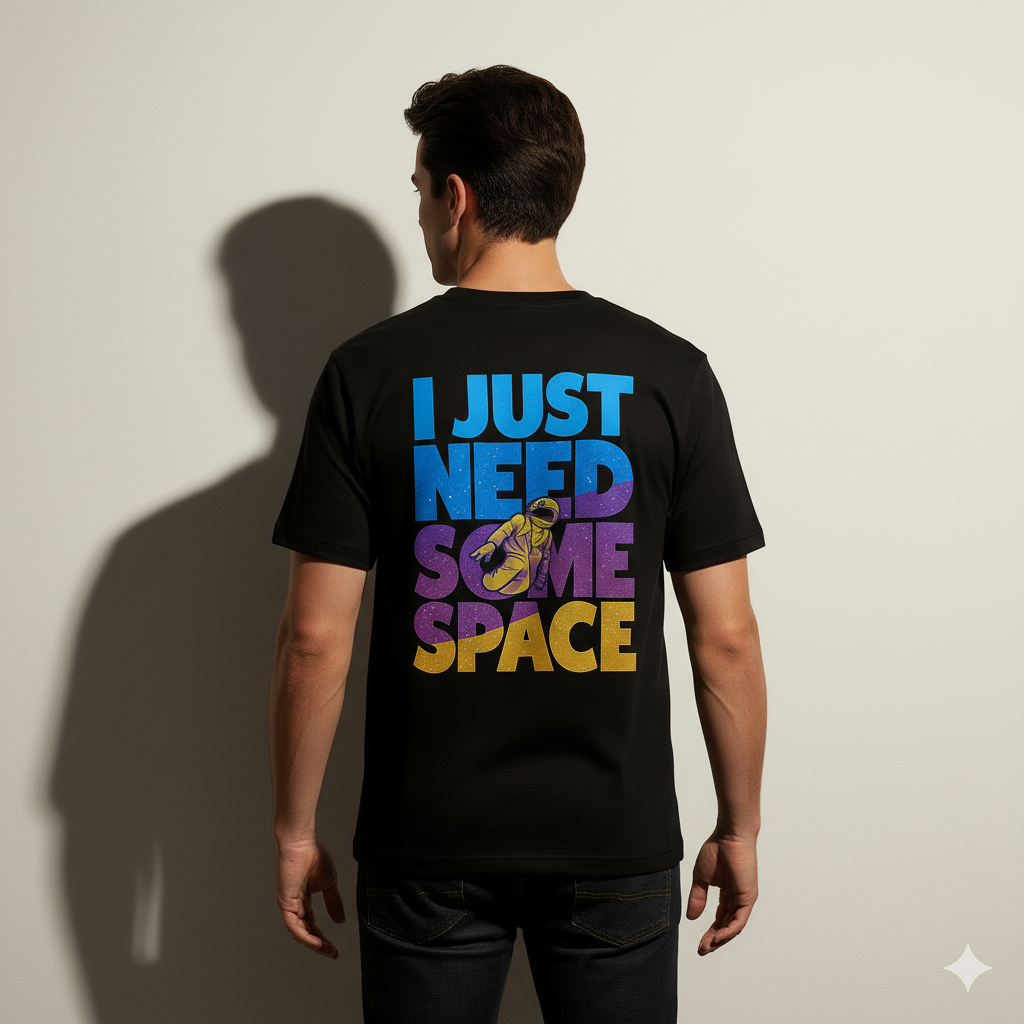 Person wearing a FABURE black t-shirt with colorful text and an astronaut graphic on the back.