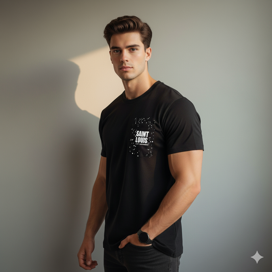 Man wearing a black t-shirt with 'Saint Louis' print against a neutral background
