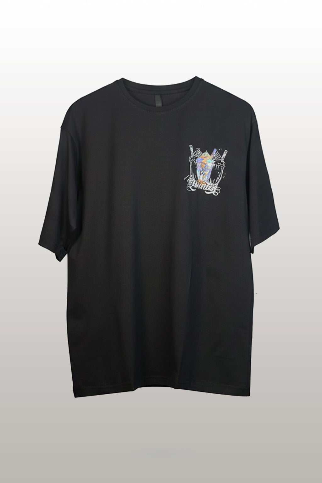 Black t-shirt with a small graphic on the chest against a light gray background