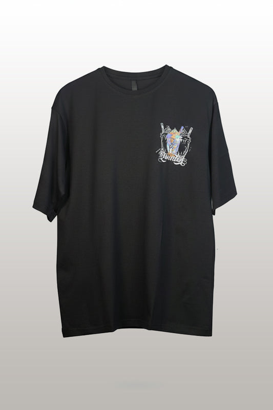 Black t-shirt with a small graphic on the chest against a light gray background
