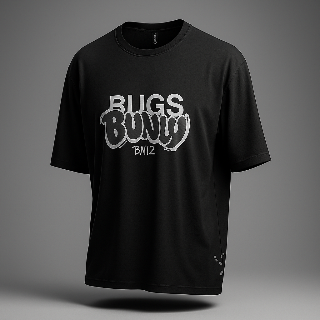 Black t-shirt with 'Bugs Bunny BN12' text on a gray background