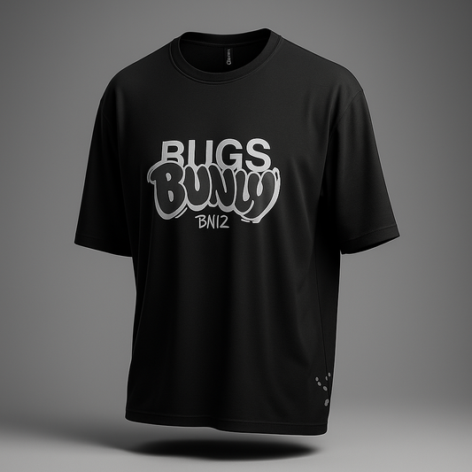 Black t-shirt with 'Bugs Bunny BN12' text on a gray background