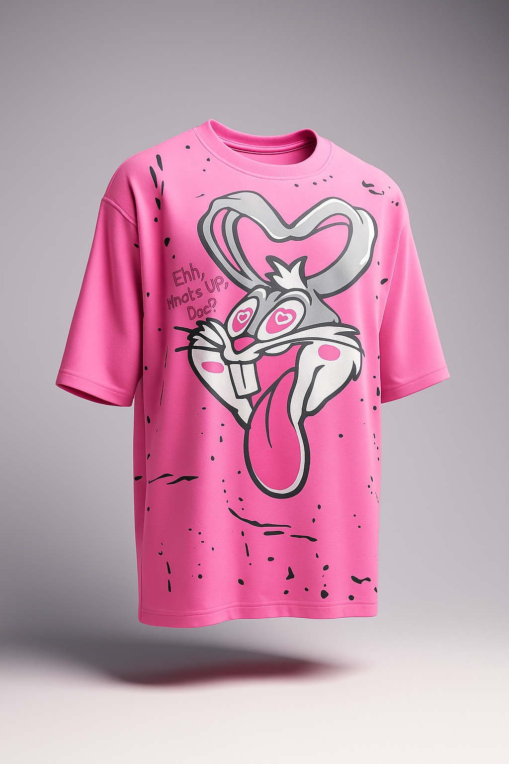 Pink t-shirt with graphic design on a gray background