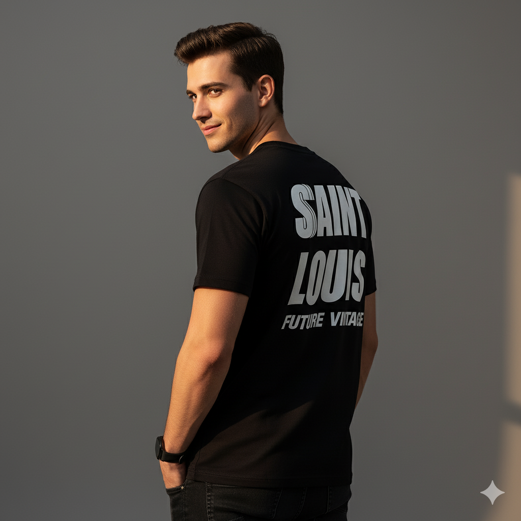 Man wearing a black t-shirt with 'Saint Louis Future Vintage' text on a gray background
