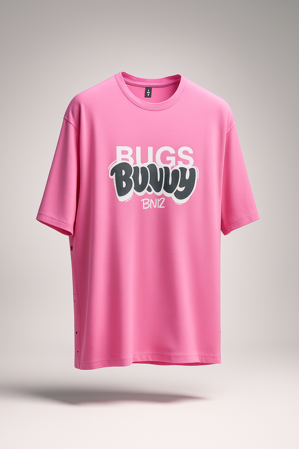 Pink t-shirt with 'Bugs Bunny' text on a gray background