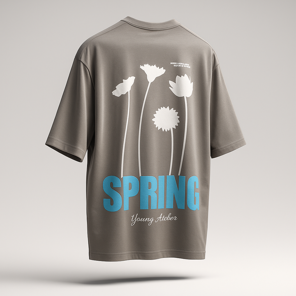 Gray t-shirt with floral design and 'Spring'
