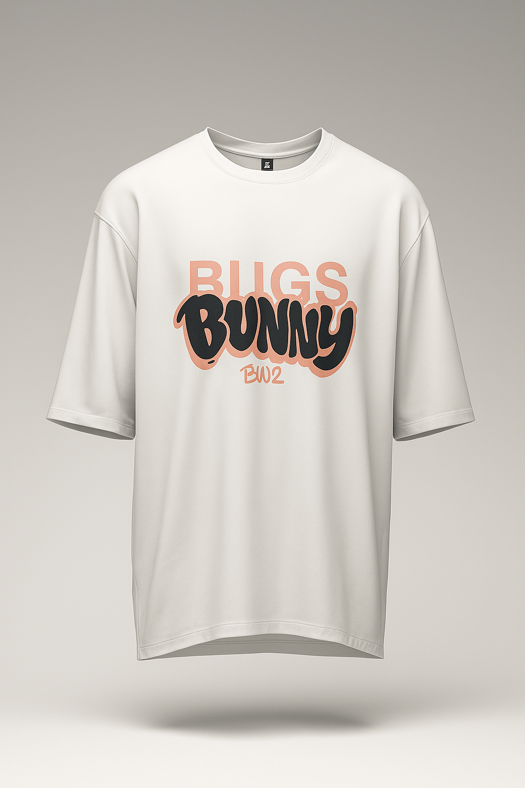 White t-shirt with 'Bugs Bunny' text 