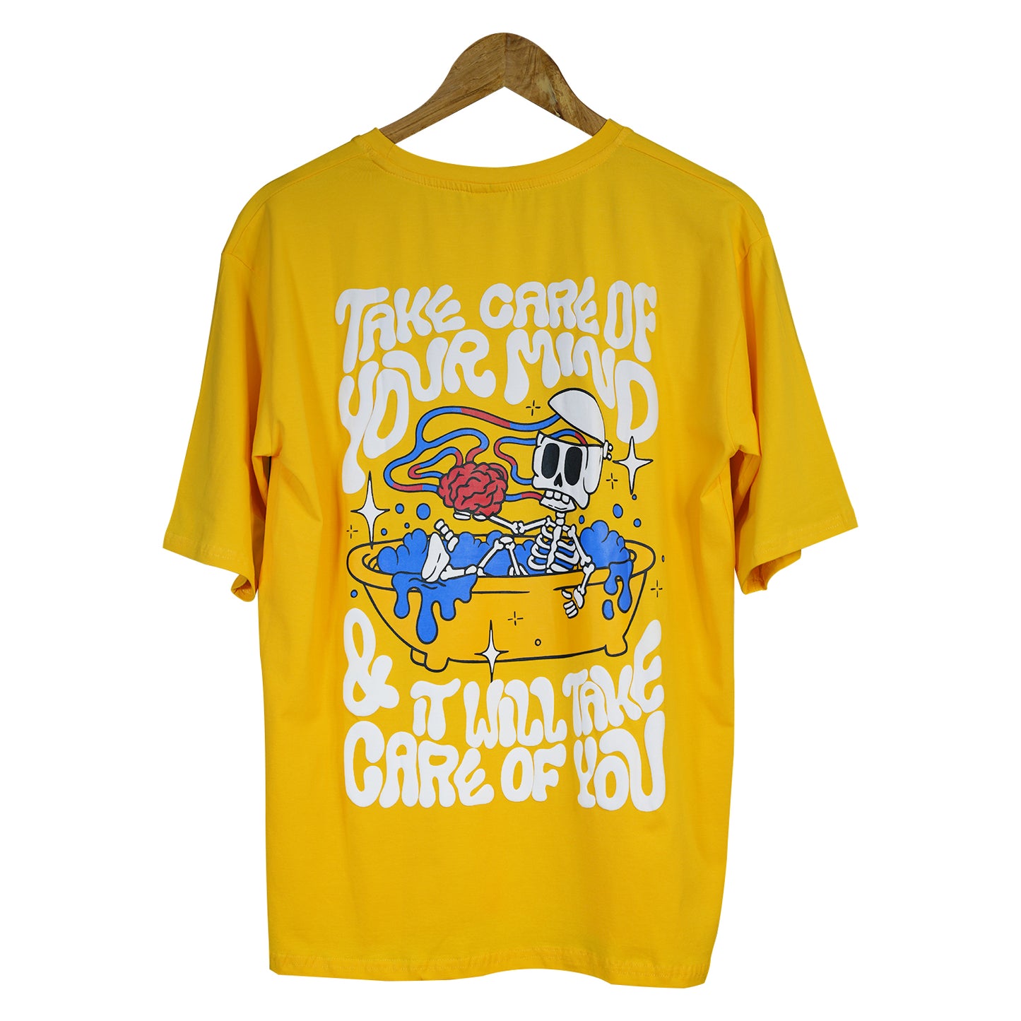 Take Care of Your Mind Graphic Tee – Skeleton Tub Design